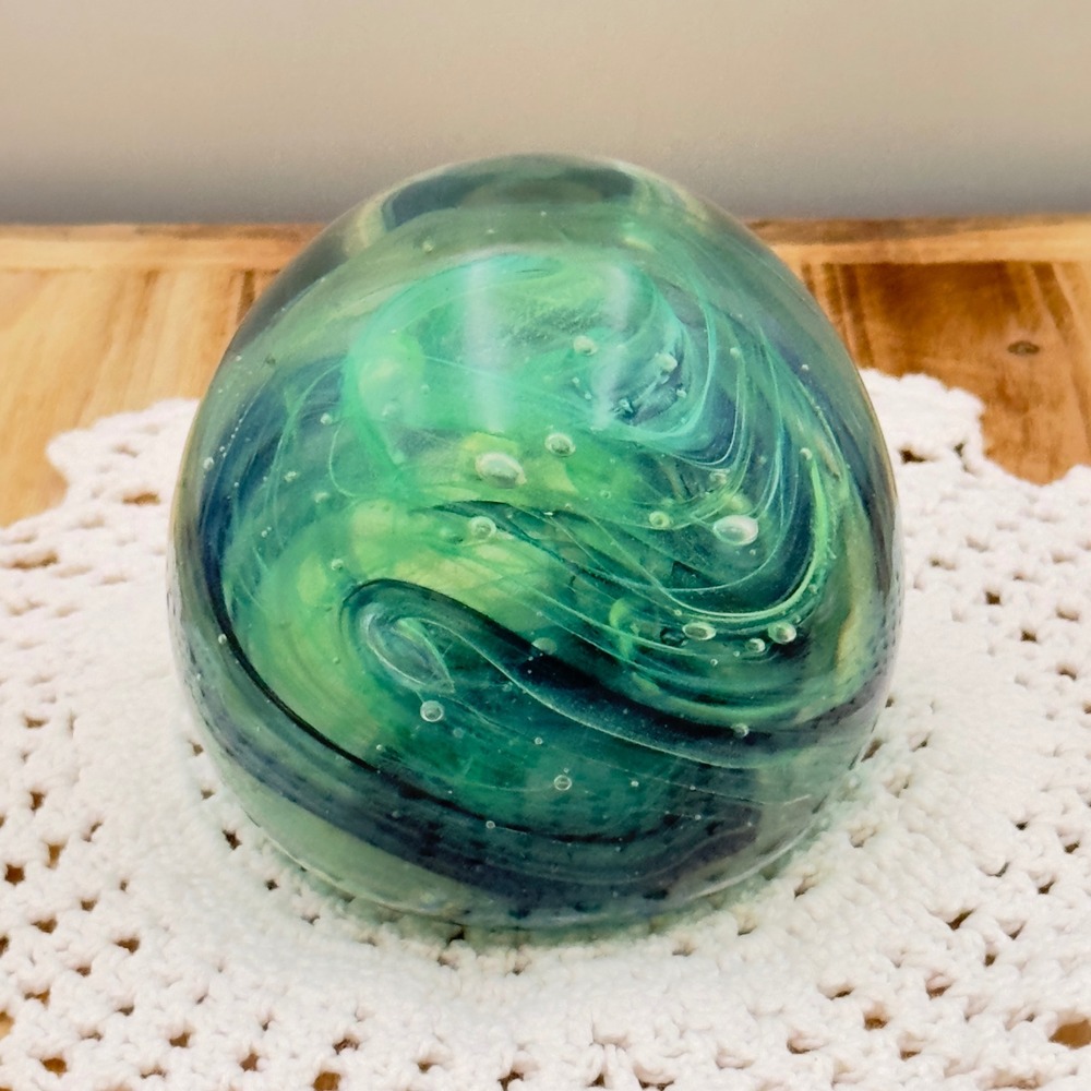 Round Art Glass Paperweight Green Teal Swirl Controlled Bubble Egg Orb 3" Decor - Picture 9 of 13